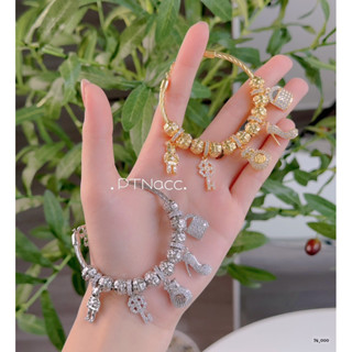 PTNACC Vòng tay pandora xi bạch kim phối 5 charm gấu đính soàn cao cấp, vòng pan nữ charm gấu dễ thương