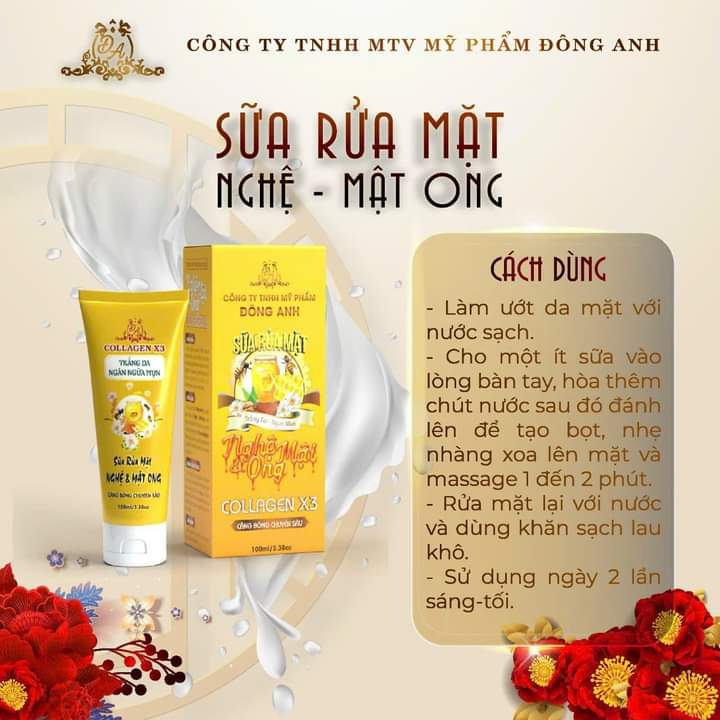 Sữa Rửa Mặt Nghệ Mật Ong Collagen X3 Đông Anh 100ml [Hàng Công Ty] Ngừa Mụn - Se Khít Lỗ Chân Lông - Sạch Da