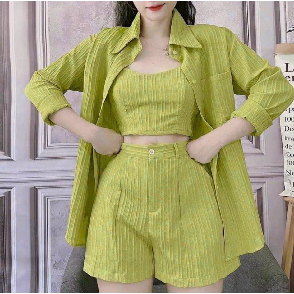 Set Bộ Đồ Nữ 3 Món Đũi Xước Áo Sơ Mi Dài Tay Kèm Áo 2 Dây Bản Cúp Ngực Mix Quần Sooc Đùi Freesize