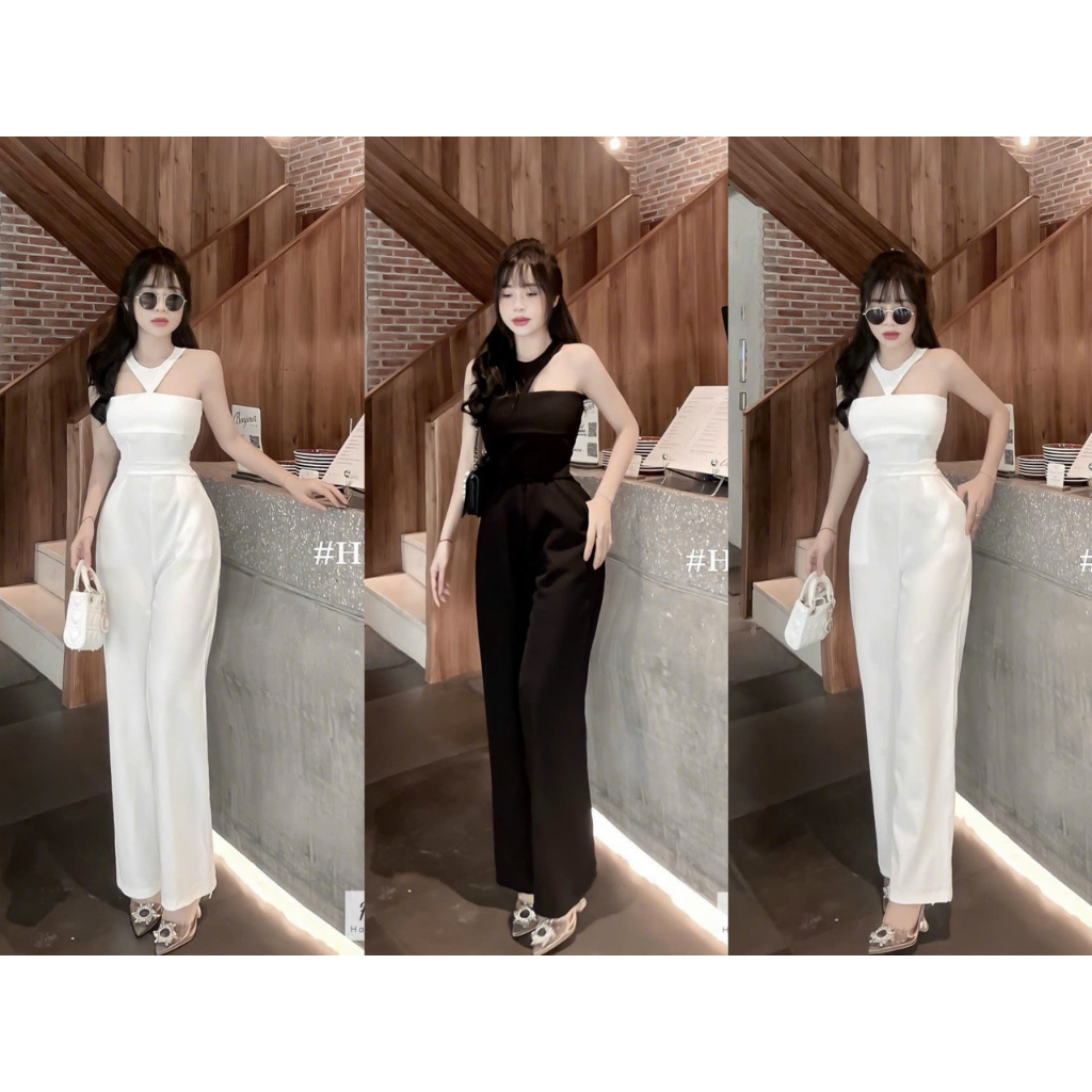 Jumpsuit nữ dài suông cổ yếm sang chảnh thanh lịch 2 màu ( có mút)