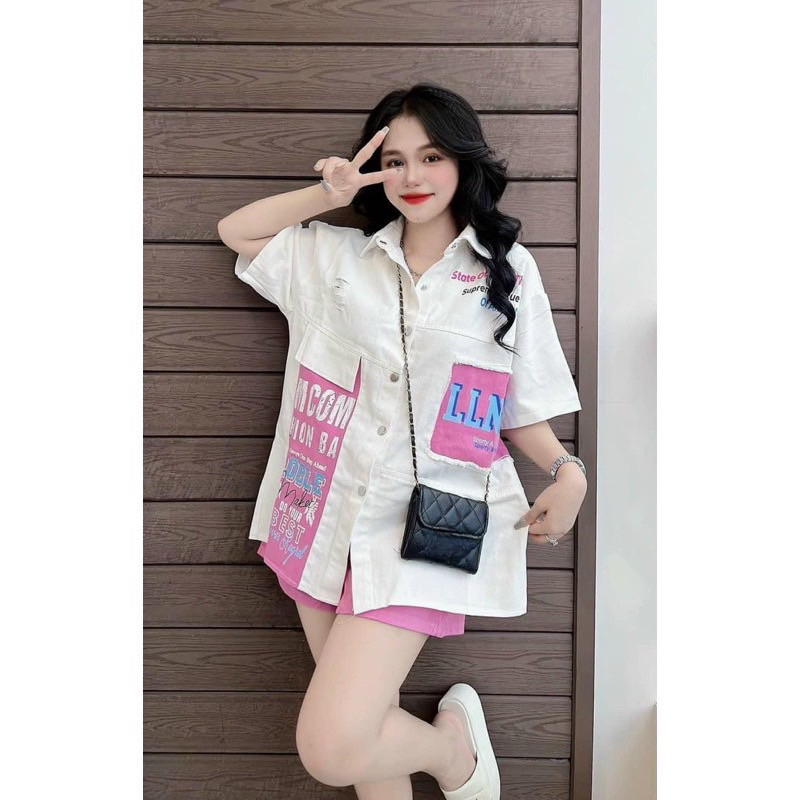 Áo jean phối hồng kèm quần sooc jean Set sơmi bò jean cho bé gái (9-38 kg)