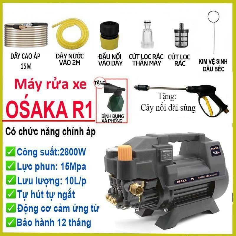 Máy Rửa Xe Chỉnh Áp Osaka R1 2800W- Tặng Dây 15M- Và 1 Súng Nối