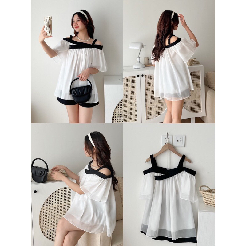 Sét áo trễ vai mix quần sooc phong cách trẻ trung Hàn quốc