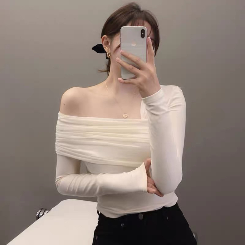 Áo hở vai nữ dài tay, áo lệch vai chất thun mịn, áo kiểu dáng ôm, co giãn,sang trọng LA CHIC