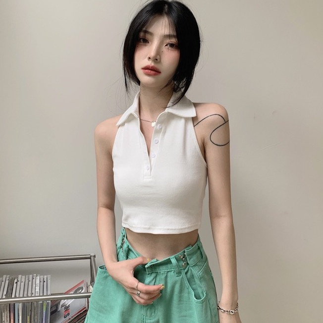 Áo Croptop Ba Lỗ Nữ MIMILA Áo Hở Lưng Cổ Bẻ Sát Nách Cài Cúc Sexy