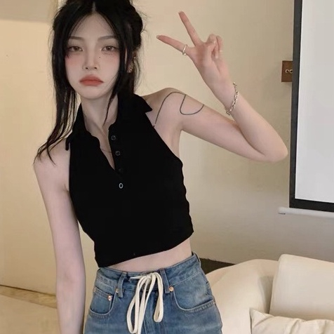 Áo Croptop Ba Lỗ Nữ MIMILA Áo Hở Lưng Cổ Bẻ Sát Nách Cài Cúc Sexy | BigBuy360 - bigbuy360.vn