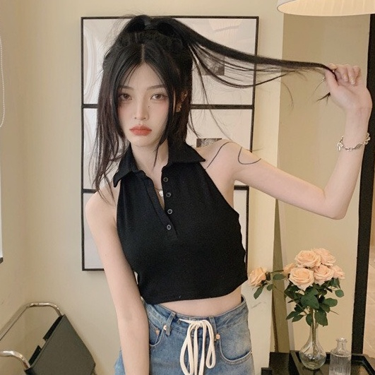 Áo Croptop Ba Lỗ Nữ MIMILA Áo Hở Lưng Cổ Bẻ Sát Nách Cài Cúc Sexy | BigBuy360 - bigbuy360.vn