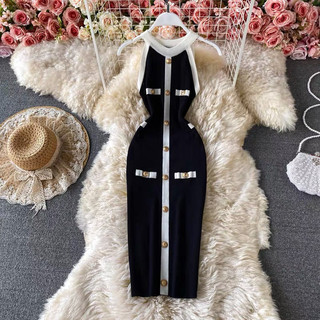 Hàng quảng Châu [ORDER ] Đầm body cao cấp thun len dệt kim phối 1 hàng nút cổ yếm sát nách cao cấp ZM MS3