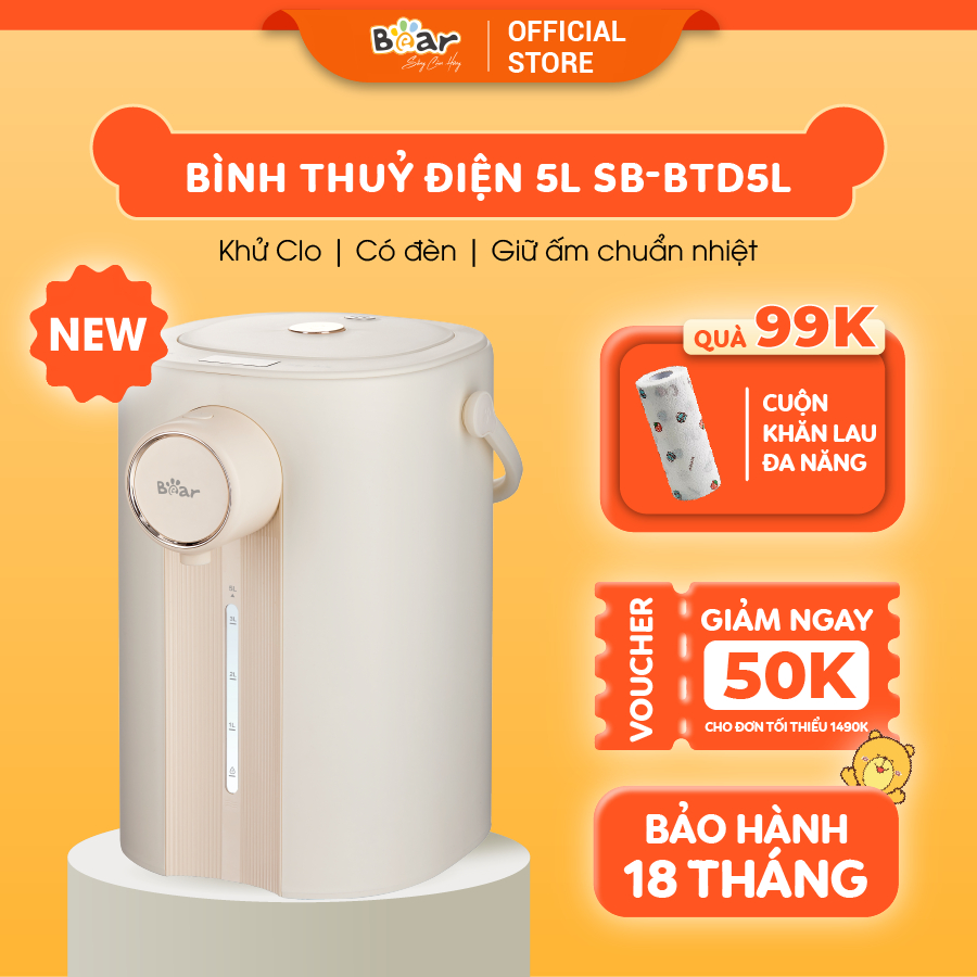 Bình Thủy Điện Đun Nước Nóng Bear 5L Đun Sôi Siêu Nhanh Khử Clo 11 Mức Nhiệt Có Đèn Dịu Nhẹ Ban Đêm SB-BTD5L
