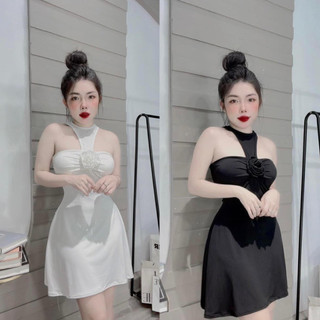 Đầm nữ cổ yếm đính hoa có mút ngực - thun borip