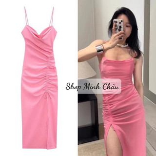 Váy midi dây hồng cúp ngực cổ đổ Zarraa