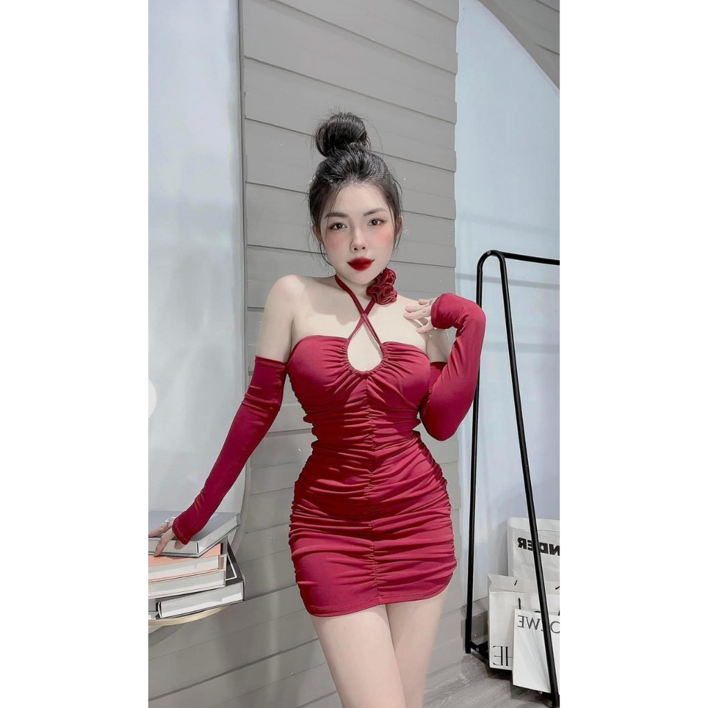 Đầm body nhún tay dài cột dây cổ đính bông sexy - thun dẻo