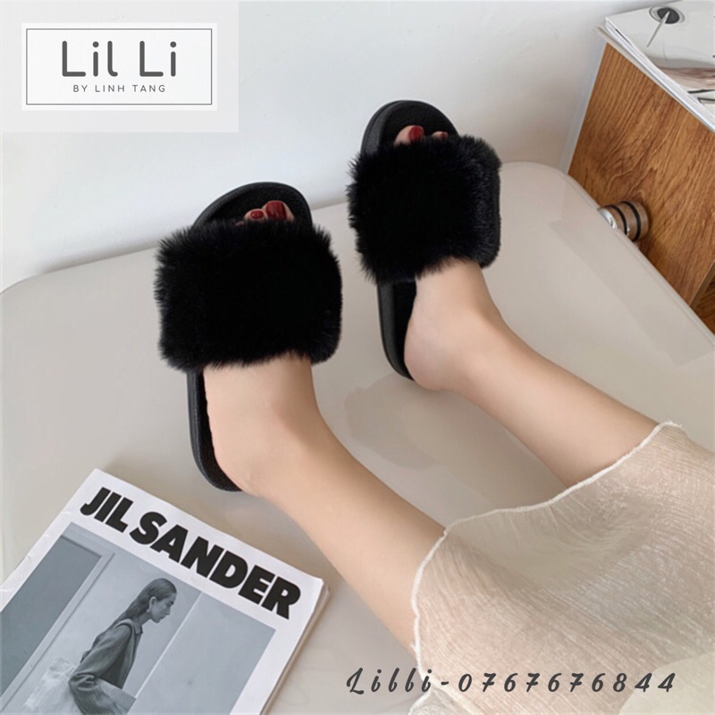 Dép nữ quai ngang lông xù màu đen cao cấp