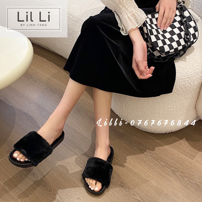 Dép nữ quai ngang lông xù màu đen cao cấp