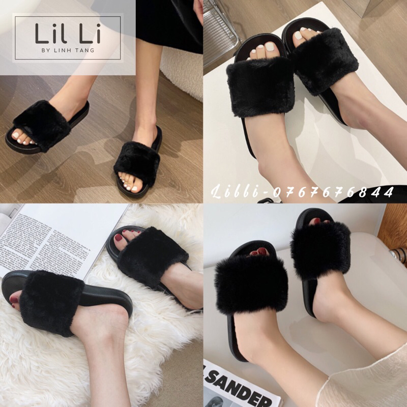 Dép nữ quai ngang lông xù màu đen cao cấp