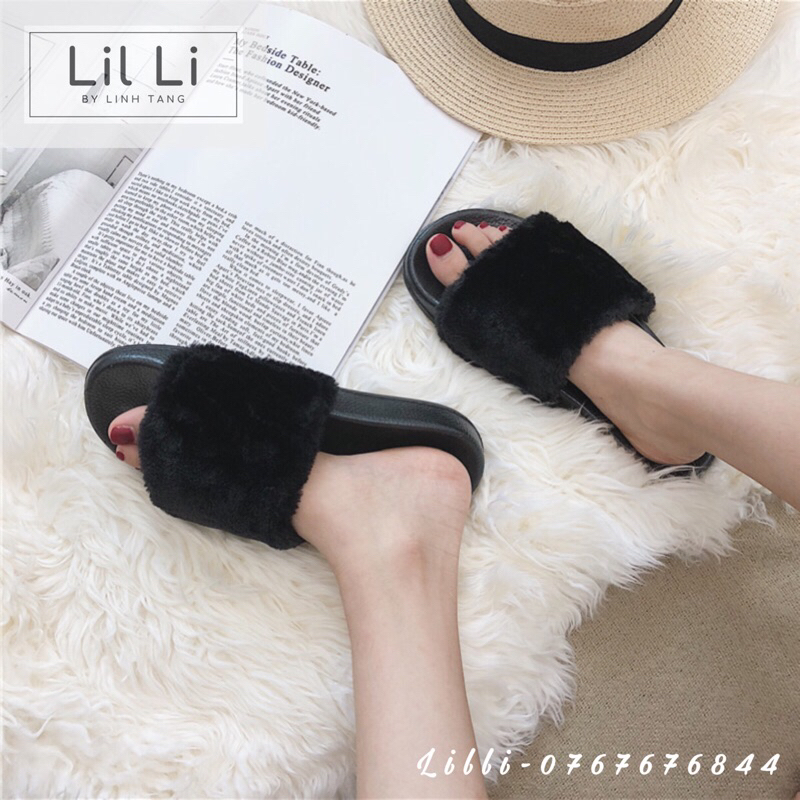 Dép nữ quai ngang lông xù màu đen cao cấp