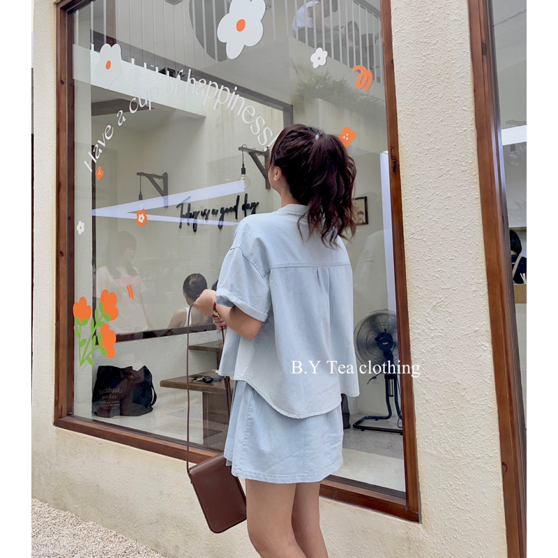 Set jean nữ, áo sơ mi tay ngắn đuôi tôm cúc bấm mix chân váy vạt chéo Thời Trang B.Y Tea Clothing