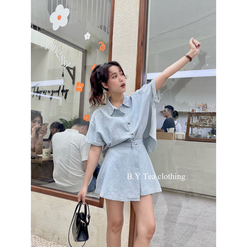 Set jean nữ, áo sơ mi tay ngắn đuôi tôm cúc bấm mix chân váy vạt chéo Thời Trang B.Y Tea Clothing