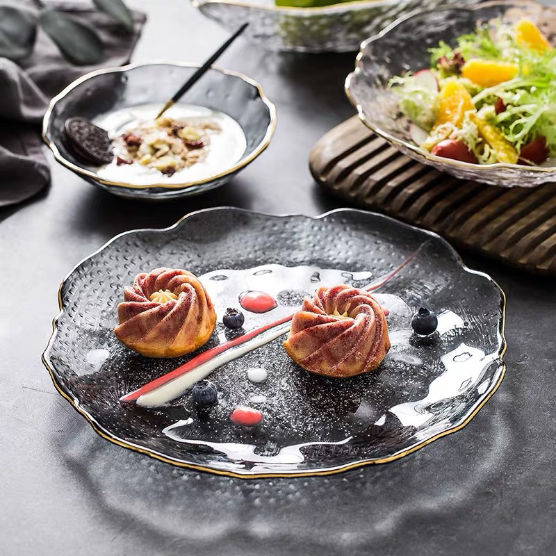 Đĩa thủy tinh cao cấp ghi xám đen viền vàng,để hoa quả,salad,bánh kẹo