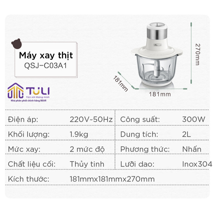 Máy Xay Thực Phẩm Xay Thịt Rau Củ Quả Tỏi Ớt Ngũ Cốc Đa Năng Cao Cấp Bear QSJ-C03A1, 300W, Hàng Chính Hãng BH 18 tháng