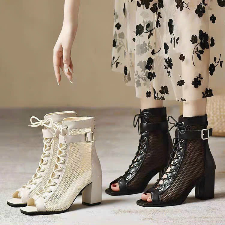 (S195) Bốt nữ phối lưới, dây buộc trước, hở mũi cá tính, gót 7 phân, hàng Quảng Châu (Mã 317 - Bốt lưới)