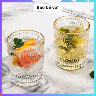 Cốc thủy tinh viền vàng vân họa tiết mặt trời, ly thủy tinh cao cấp
