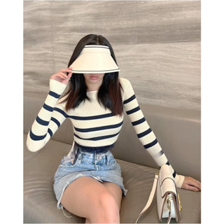 [115] Áo len tăm dài tay cổ thuyền xuất dư kẻ kem trắng phom ôm basic dễ phối trẻ trung đi làm đi chơi đi học