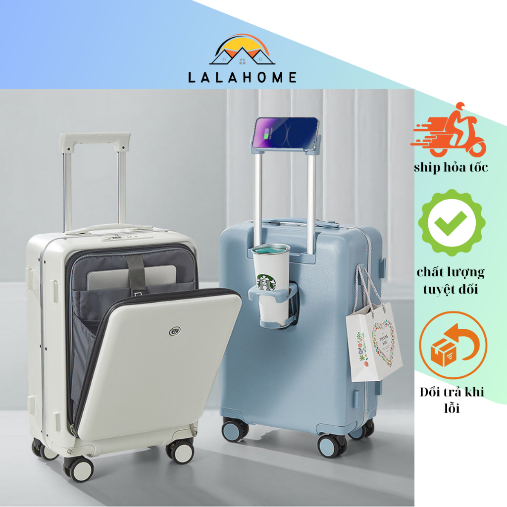 Vali du lịch 20 inch mẫu 2023 có giá đỡ điện thoại, khay để cốc và móc treo đồ, cổng sạc USB khóa TSA hải quan