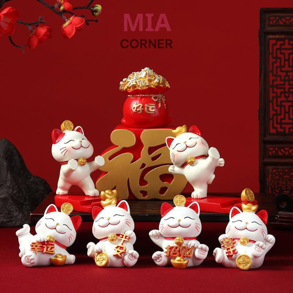 Set mèo thần tài mini để bàn làm việc và decor trang trí ô tô xe hơi