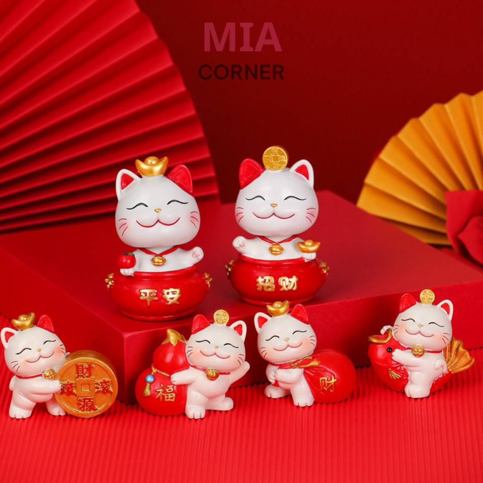 Set mèo thần tài mini để bàn làm việc và decor trang trí ô tô xe hơi