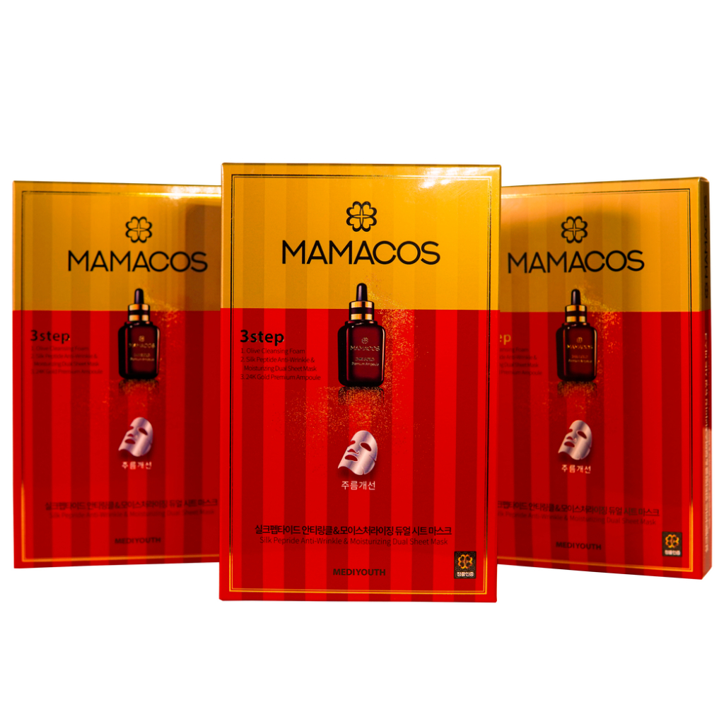 Mặt nạ dưỡng da Mamacos 3 Bước (Mặt nạ Mamacos 3 Steps Silk Peptide Anti-Wrinkle &amp; Whitening Dual Sheet Mask)