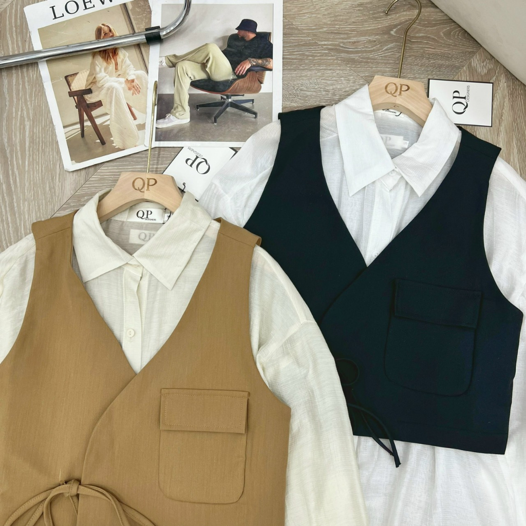 Áo sơ mi dáng rộng phối yếm gile thắt chéo | BigBuy360 - bigbuy360.vn