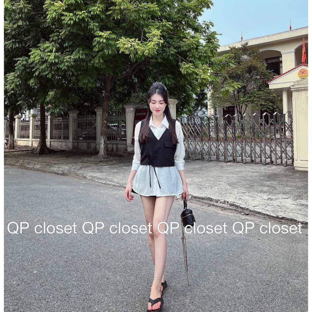 Áo sơ mi dáng rộng phối yếm gile thắt chéo | BigBuy360 - bigbuy360.vn