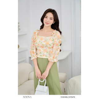 Áo họa tiết hoa cổ vuông dáng ngắn tay phồng YOONA - YH3C506