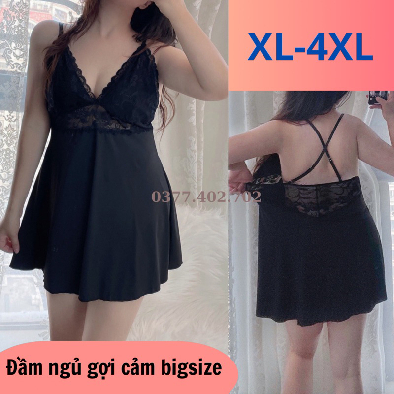 Váy ngủ hai dây gợi cảm bigsize, Đầm ngủ sexy big size đen Ms1203