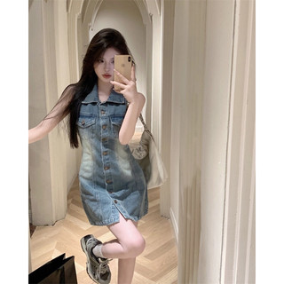 ĐẦM JEANS NÚT CỔ SƠMI KHÔNG TAY