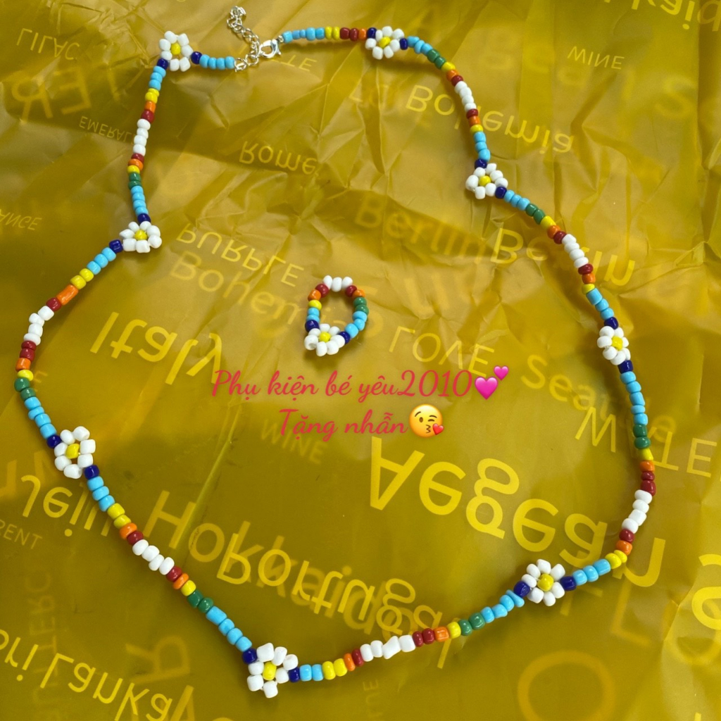 Combo vòng tay và dây đeo eo hạt cườm hoa cúc TẶNG NHẪN AK