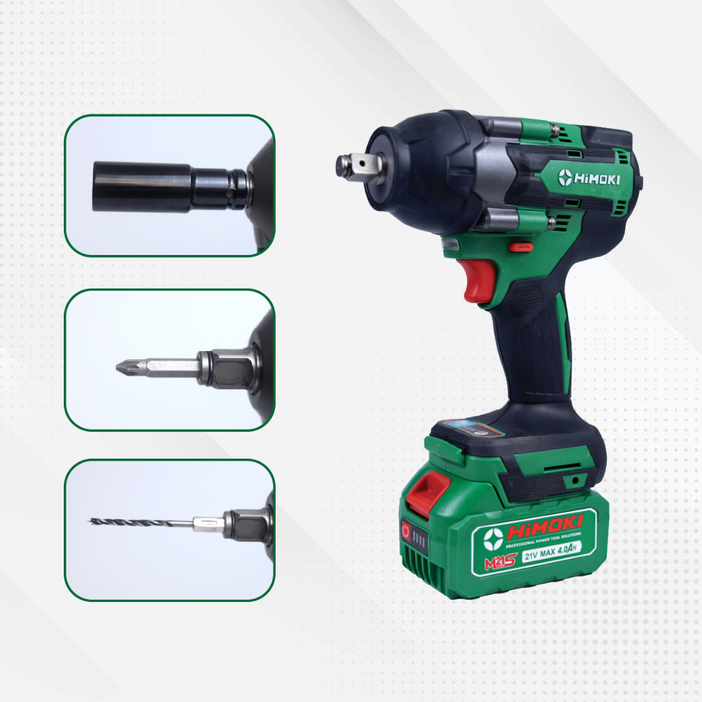 Máy siết bulong Himoki HM-IW650N Không Chổi Than - Vặn Mở Siết Bulong Ô tô - Có Búa- Lõi Đồng- Bảo hành 12T