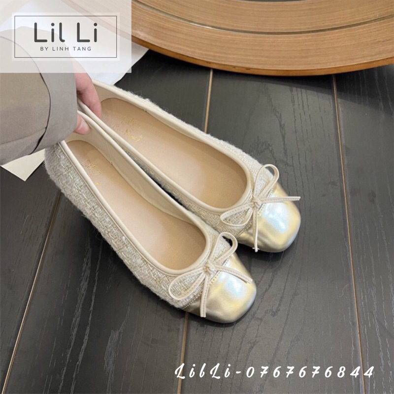 Giày Búp Bê Dạ Tweed Mũi Vuông Đính Nơ Tiểu Thư size 35-40