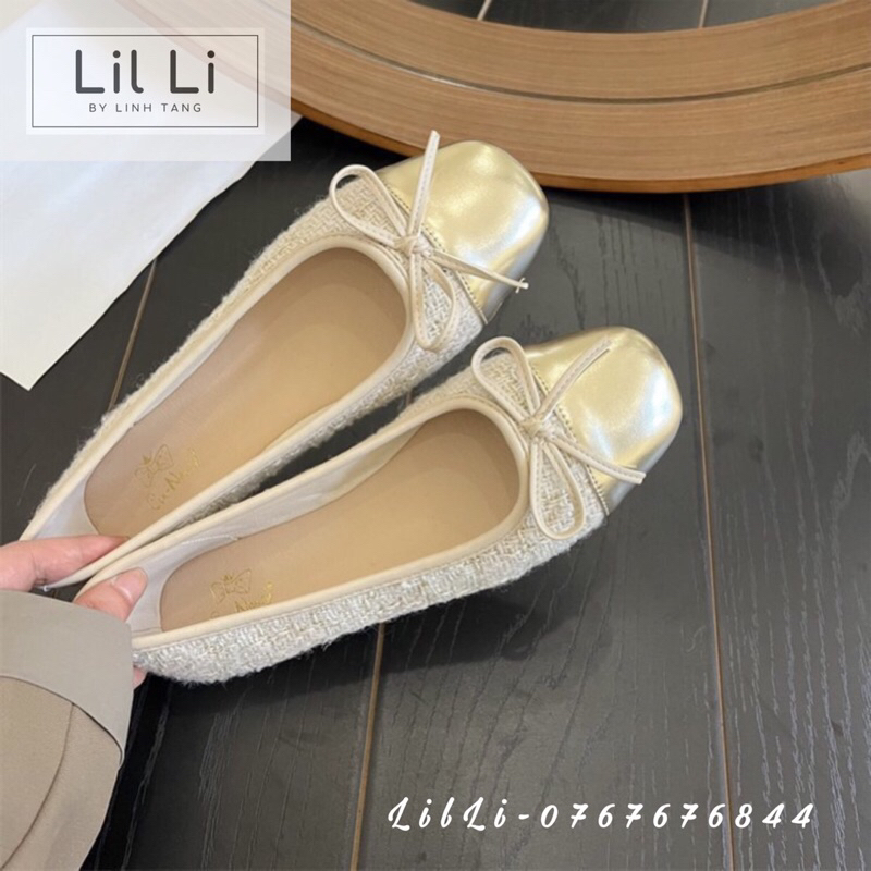 Giày Búp Bê Dạ Tweed Mũi Vuông Đính Nơ Tiểu Thư size 35-40