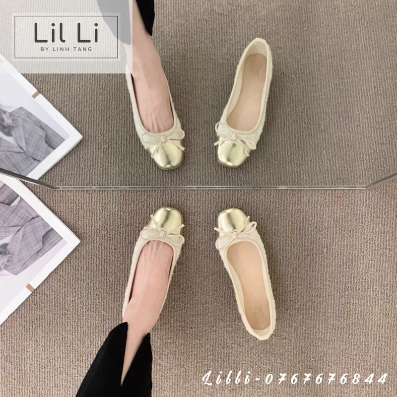 Giày Búp Bê Dạ Tweed Mũi Vuông Đính Nơ Tiểu Thư size 35-40