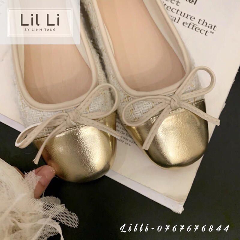 Giày Búp Bê Dạ Tweed Mũi Vuông Đính Nơ Tiểu Thư size 35-40