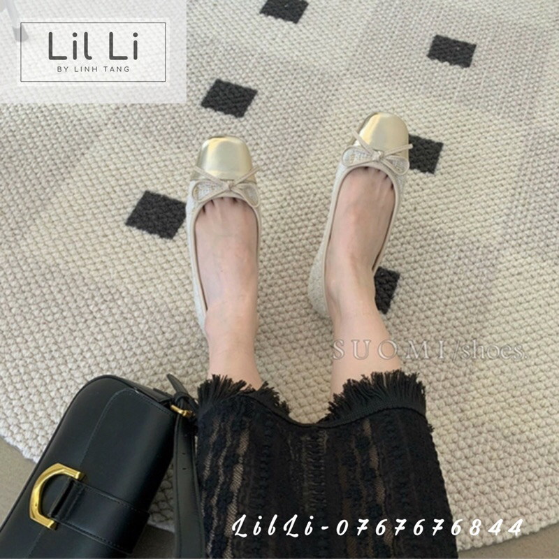 Giày Búp Bê Dạ Tweed Mũi Vuông Đính Nơ Tiểu Thư size 35-40