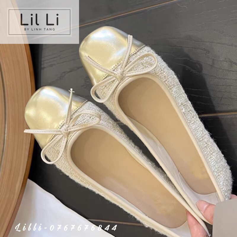 Giày Búp Bê Dạ Tweed Mũi Vuông Đính Nơ Tiểu Thư size 35-40