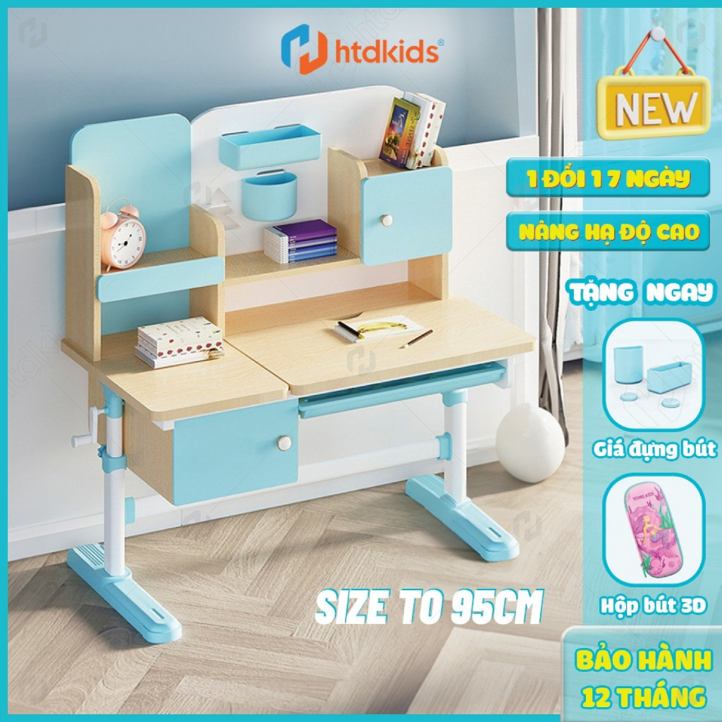 Bàn học sinh tăng giảm chiều cao đa năng HTDkids A23, Giá sách tiện lợi và điều chỉnh góc nghiêng mặt bàn