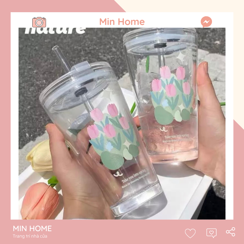 Cốc thuỷ tinh có nắp và ống ly thuỷ tinh mẫu tulip phong cách hàn quốc đáng yêu cute MinHome