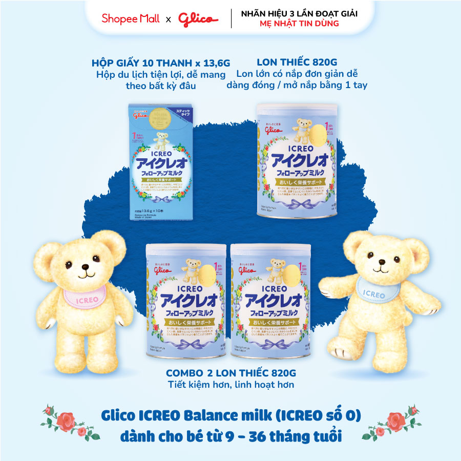 Combo 2 lon sữa Glico Icreo Follow Up Milk (Icreo số 1) dinh dưỡng cho bé - 820g/lon kèm 5 thanh