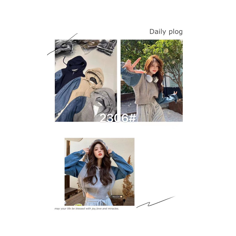 Áo khoác len nữ pha jean có mũ dáng croptop hàng QC