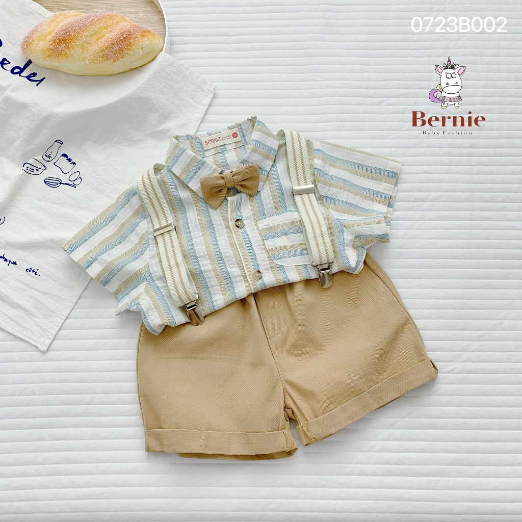 Set bộ sơ mi công tử kẻ cộc tay 4 chi tiết kèm nơ và đai nịt quần Bernie cho bé 8-23kg