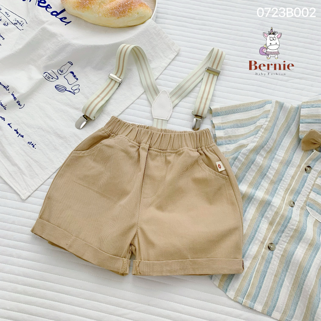 Set bộ sơ mi công tử kẻ cộc tay 4 chi tiết kèm nơ và đai nịt quần Bernie cho bé 8-23kg